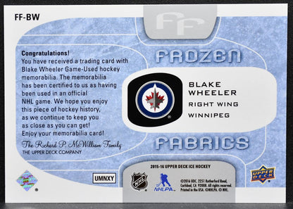 2015-16 Upper Deck Ice Frozen Fabrics Blake Wheeler Winnipeg Jets Jersey 6083