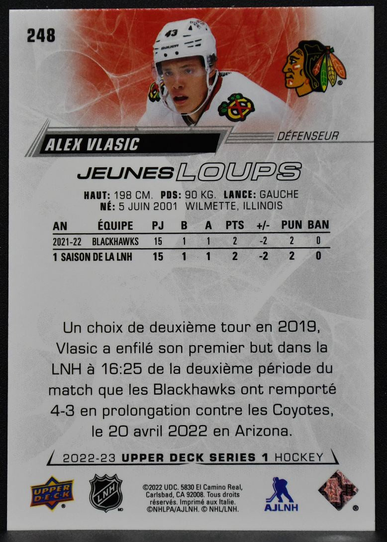 22-23 UD Series 1 Young Guns Version FranÃ§aise Alex Vlasic 248 Blackhawks RC 5128