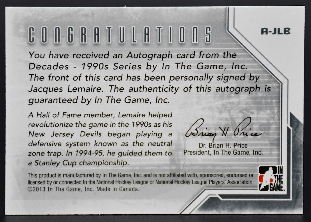 2013-14 Dans le jeu Décennies 1990s Autographe Jacques Lemaire A-JLE Auto