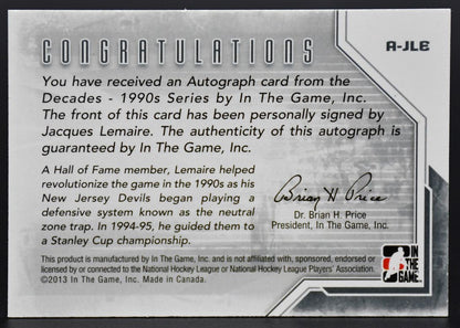 2013-14 Dans le jeu Décennies 1990s Autographe Jacques Lemaire A-JLE Auto