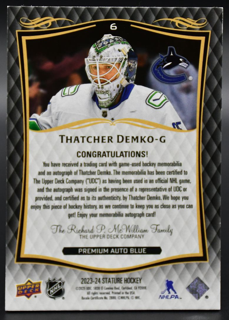 2023-24 UD Stature Thatcher Demko 6 Vancouver Canucks Auto 07/10 Goalie Pad