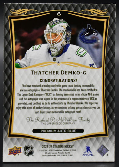 2023-24 UD Stature Thatcher Demko 6 Vancouver Canucks Auto 07/10 Goalie Pad