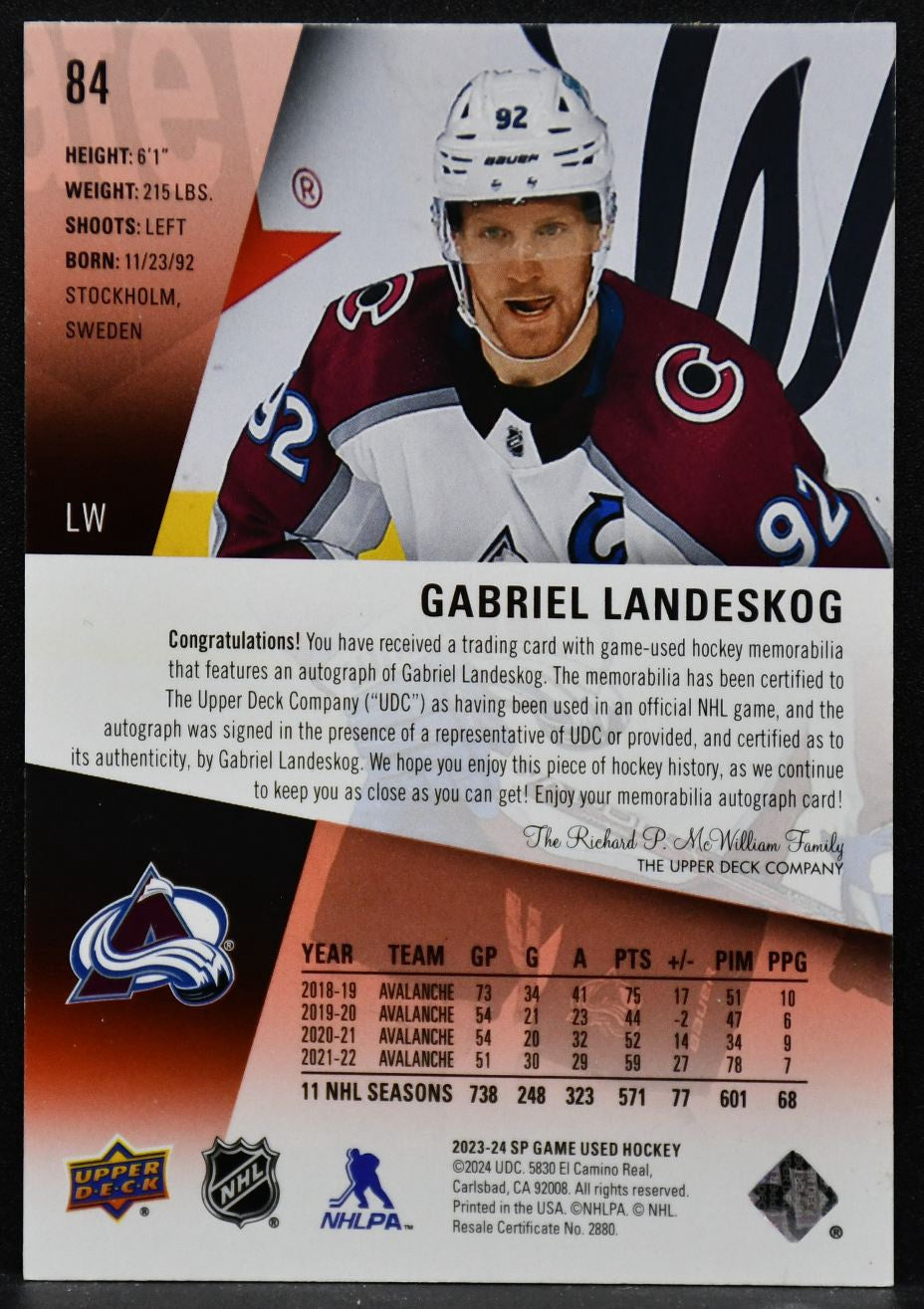 2023-24 SP Game Used Auto Jersey Gabriel Landeskog 84 Auto 24/35