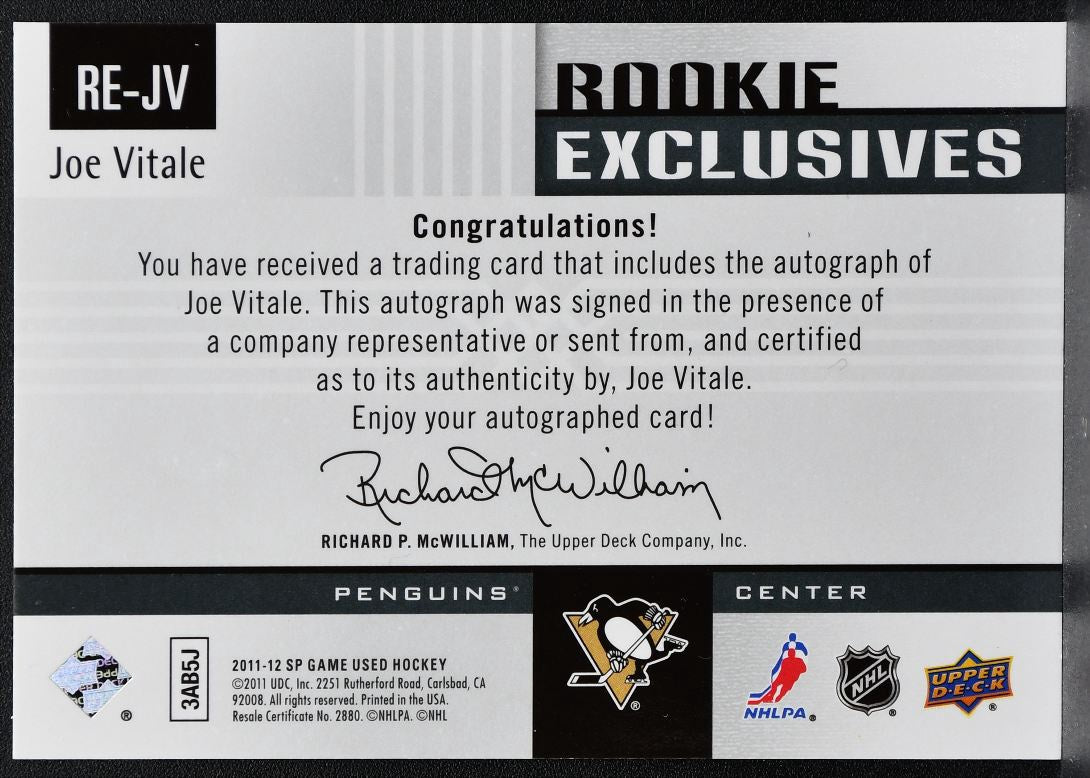 2011-12 SP Game Used Rookie Exclusives Autos Joe Vitale Penguins RC Auto 1467