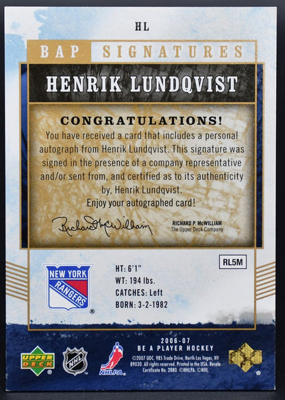 2006-07 UD Be A Player BAP Autographs Henrik Lundqvist HL Auto