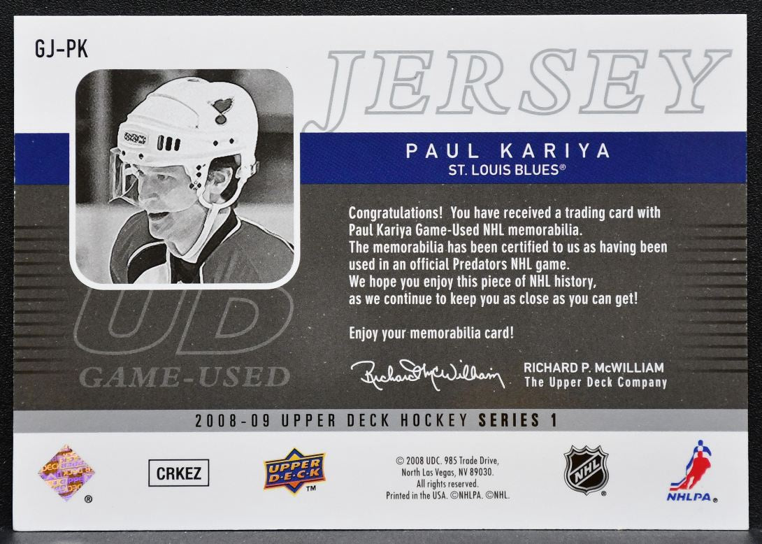 2008-09 Upper Deck Series 1 UD Game Jerseys Paul Kariya GJ-PK Blues Jersey 2714