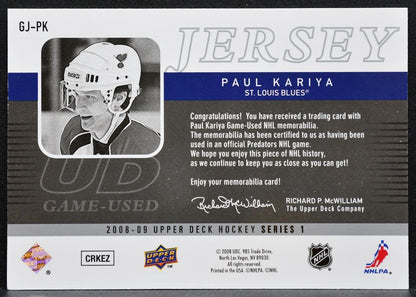 2008-09 Upper Deck Series 1 UD Game Jerseys Paul Kariya GJ-PK Blues Jersey 2714