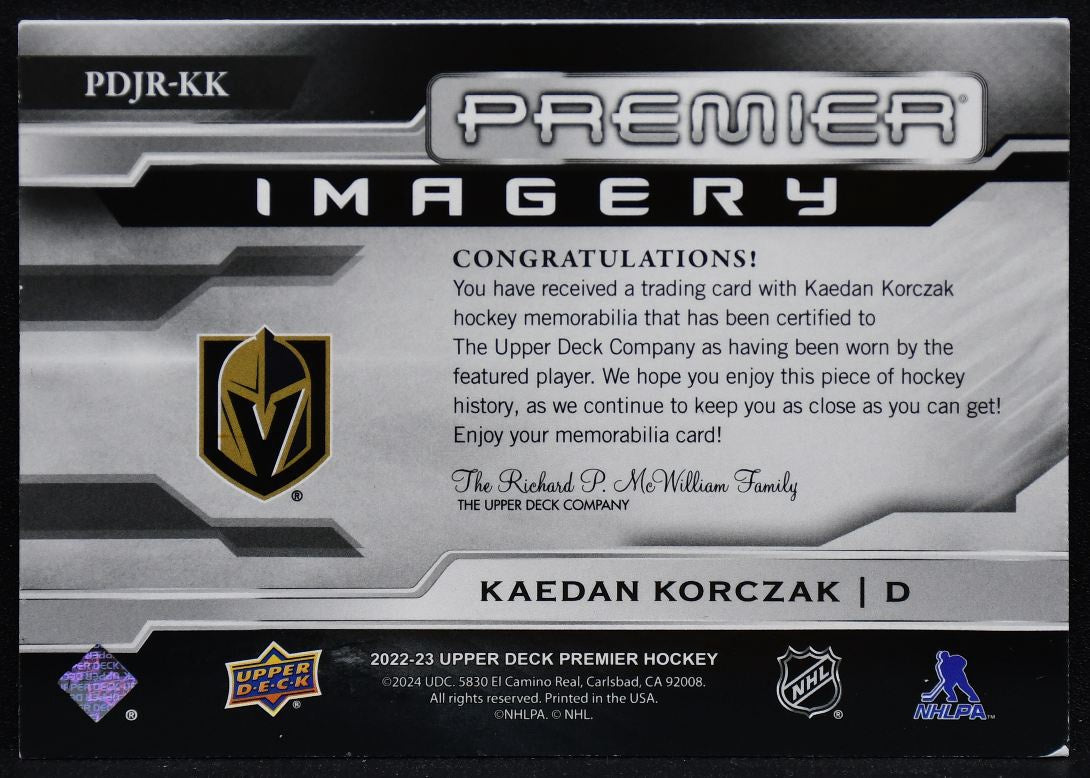 2022-23 UD Premier Imagery  Korczak Golden Knights RC 008/300 Jersey 5279