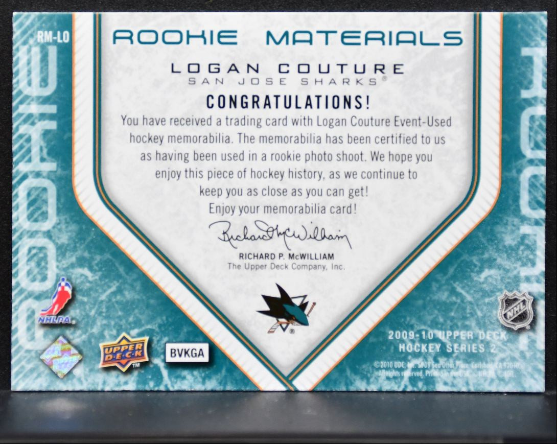 2009-10 UD Series 2 Rookie Materials Logan Couture RM-LO Sharks RC Jersey 3261