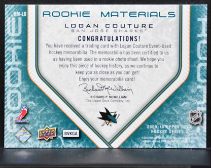 2009-10 UD Series 2 Rookie Materials Logan Couture RM-LO Sharks RC Jersey 3261