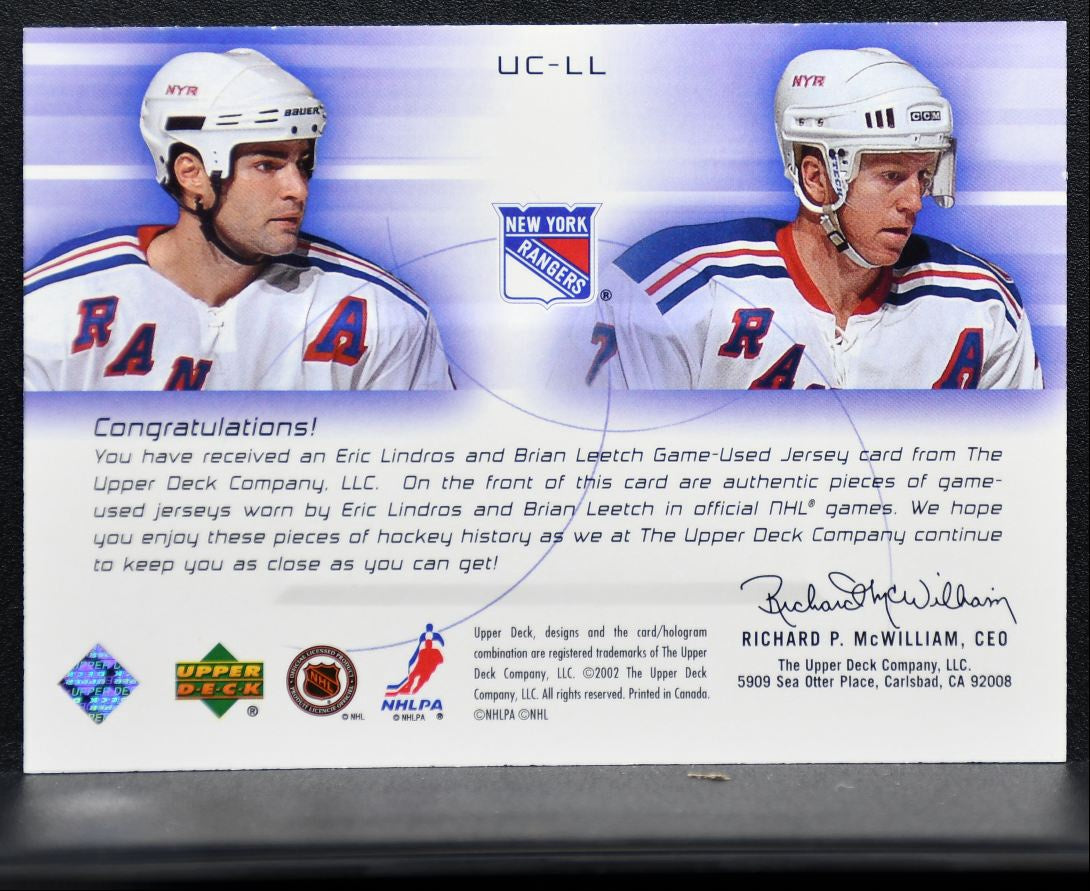 2001-02 UD Challenge for the Cup Unstoppable Combos Lindros/Leetch Jersey 1800