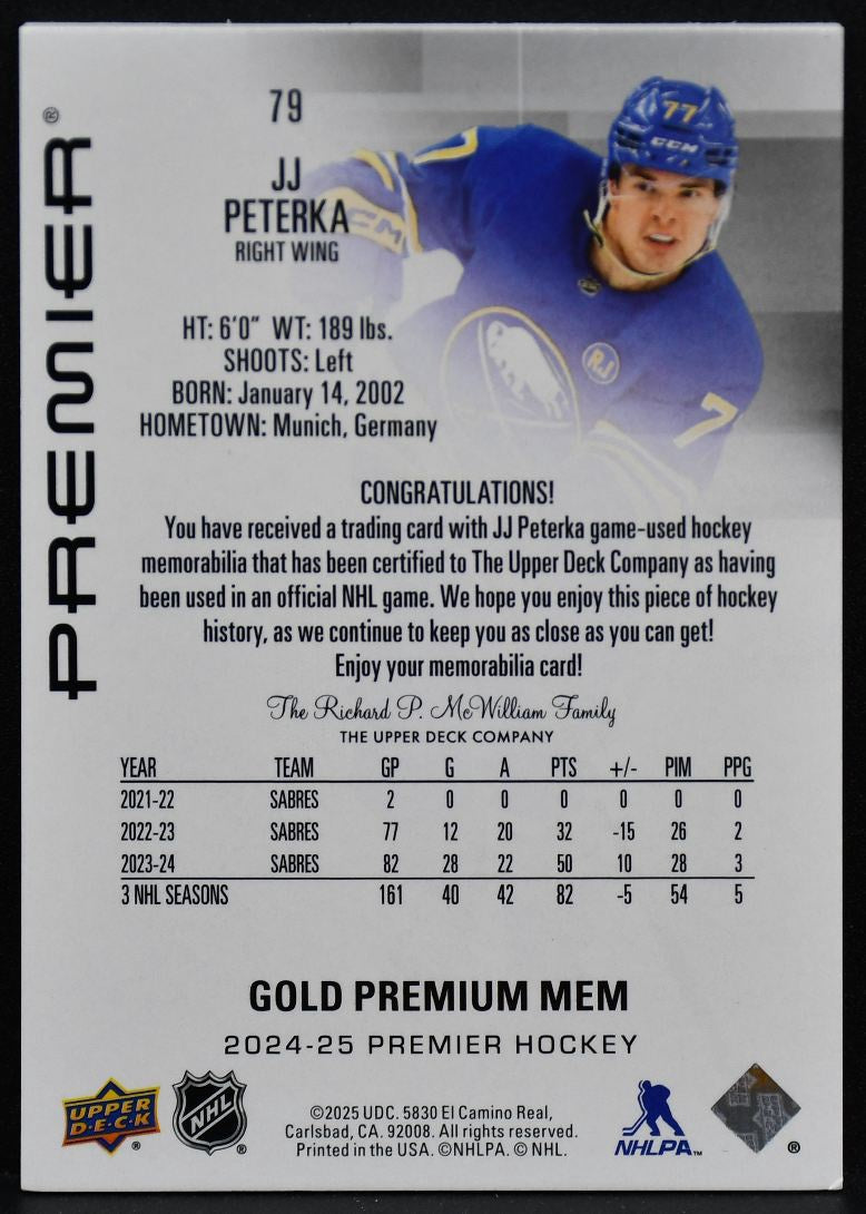 2024-25 UD Premier Gold Premium Memorabillia Peterka 79 Sabres 15/25 Patch 3787