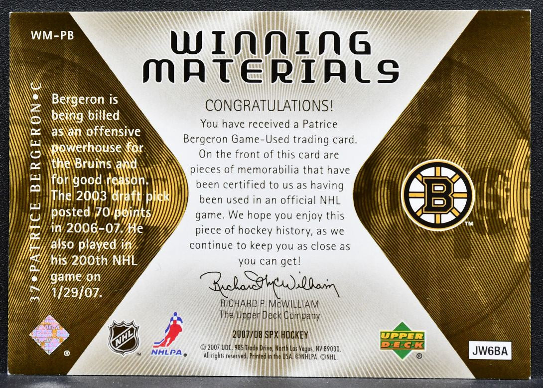 2007-08 SPx Winning Materials Patrice Bergeron WM-PB Boston Bruins Jersey 1229