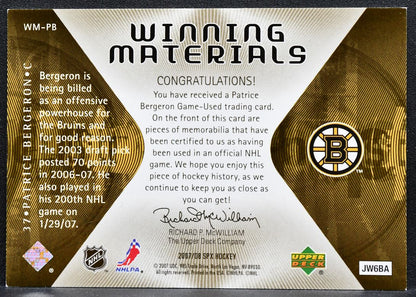 2007-08 SPx Winning Materials Patrice Bergeron WM-PB Boston Bruins Jersey 1229