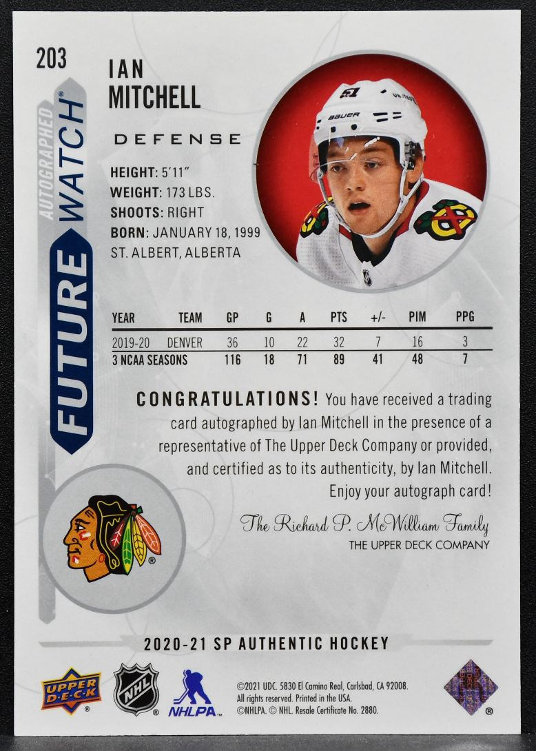 2020-21 SP Authentic Future Watch Auto Inscribed Mitchell RC Auto 3307