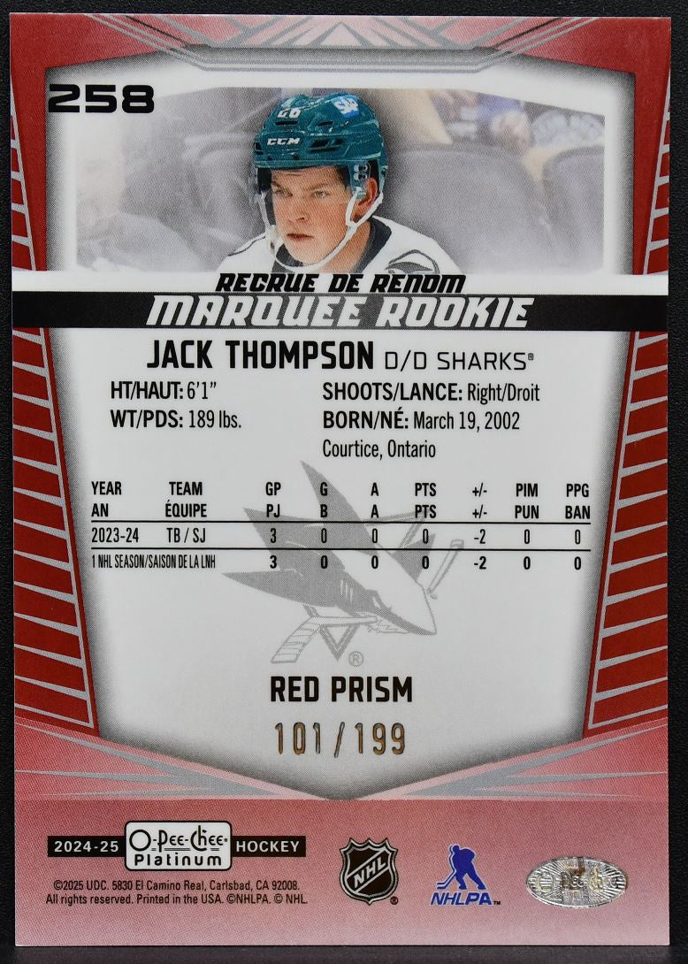 2024-25 OPC Platinum Marquee Red Prism Jack Thompson 258 Sharks RC 101/199 8195
