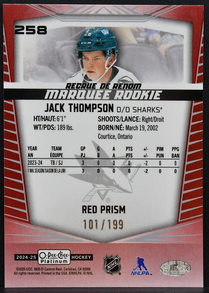 2024-25 OPC Platinum Marquee Red Prism Jack Thompson 258 Sharks RC 101/199 8195