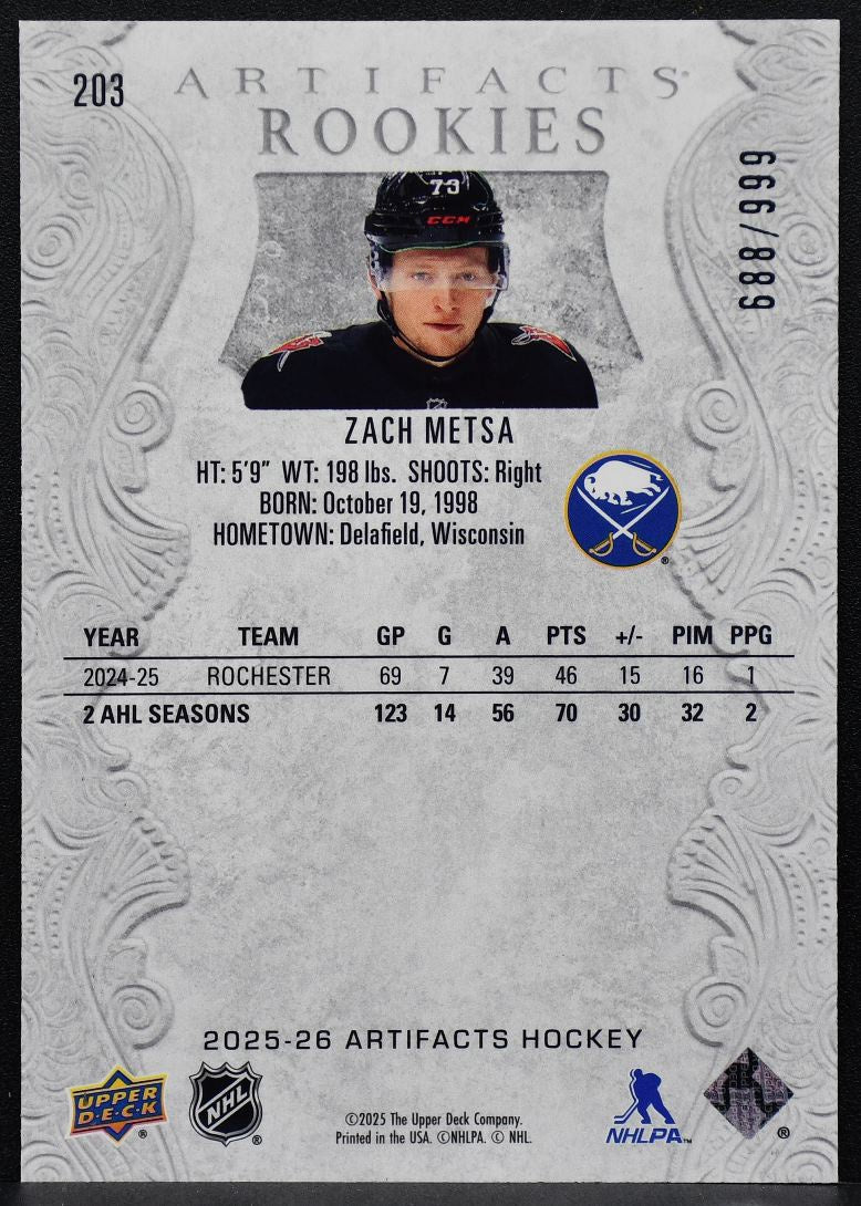 2025-26 Upper Deck Artifacts Rookies Base Zach Metsa 203 RC 688/999 6148