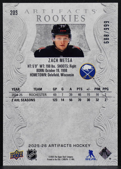 2025-26 Upper Deck Artifacts Rookies Base Zach Metsa 203 RC 688/999 6148