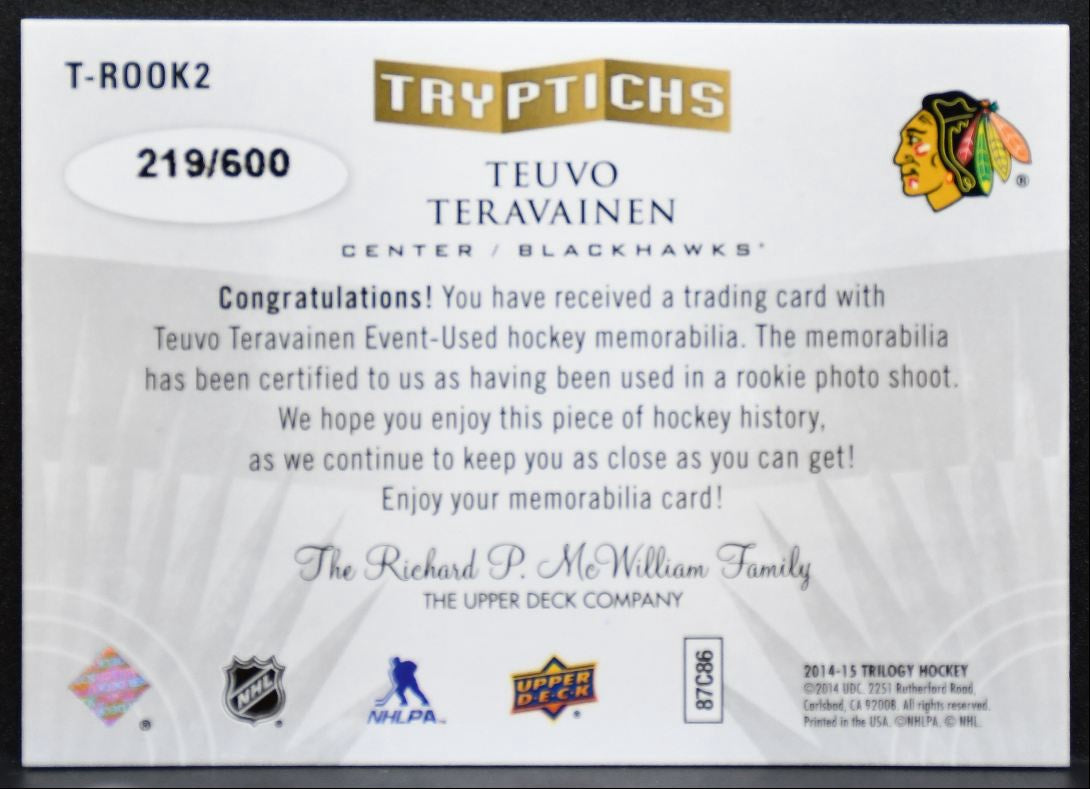 2014-15 UD Trilogy Tryptichs Teuvo Teravainen Blackhawks RC 219/600 Jersey 5166