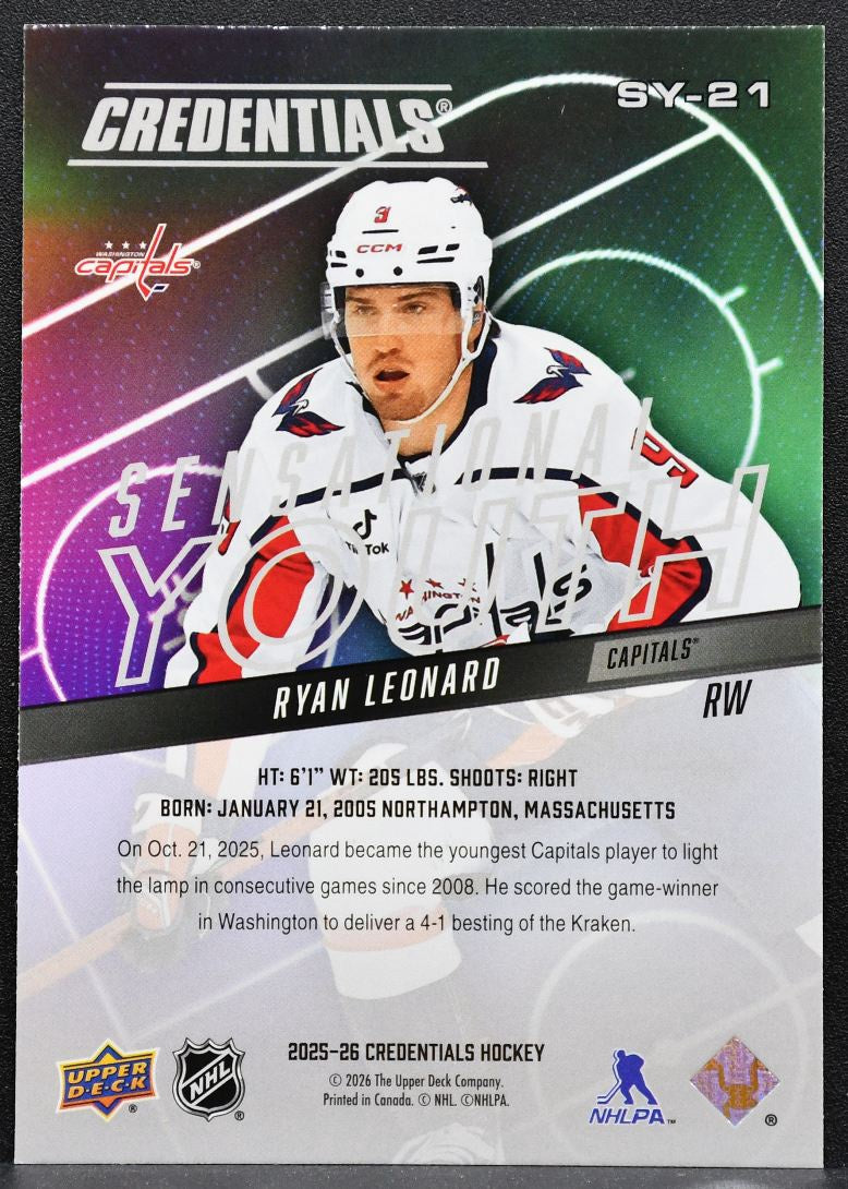 2025-26 UD Credentials Sensational Youth Ryan Leonard SY-21 Capitals RC 8556