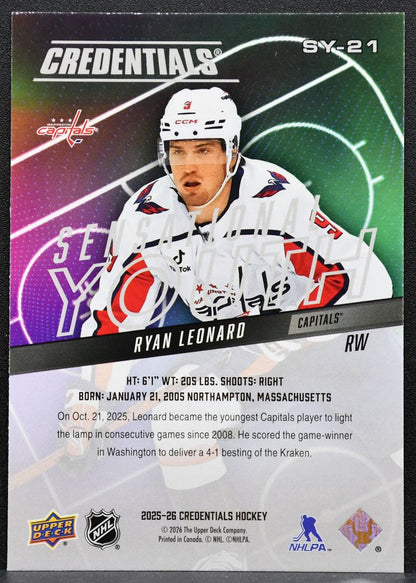 2025-26 UD Credentials Sensational Youth Ryan Leonard SY-21 Capitals RC 8556