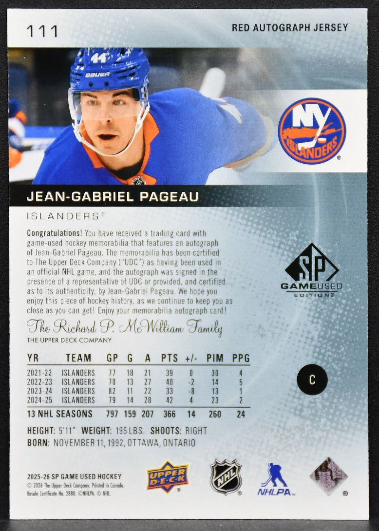 2025-26 SP Game Used Red Auto Jersey Jean-Gabriel Pageau 111 Auto Jersey 0909