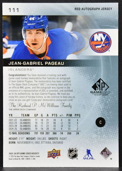 2025-26 SP Game Used Red Auto Jersey Jean-Gabriel Pageau 111 Auto Jersey 0909