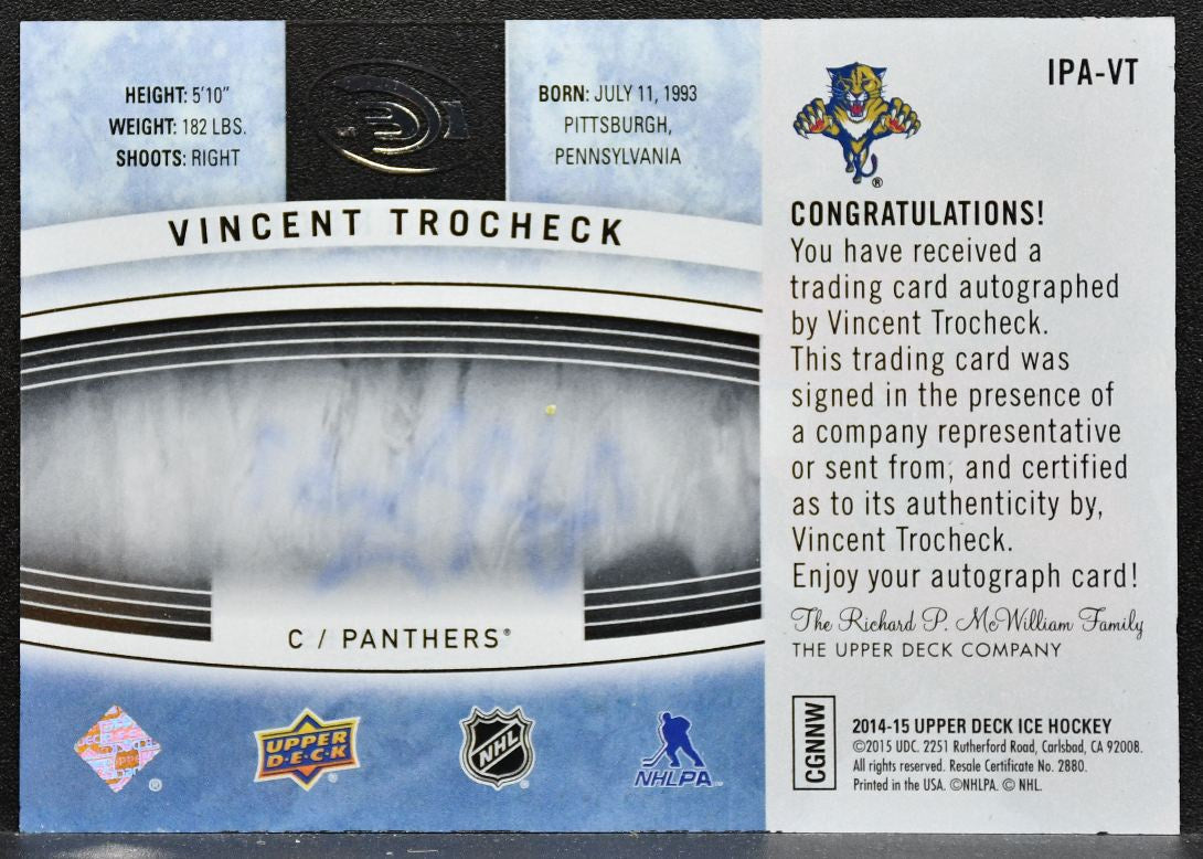 2014-15 Upper Deck Ice Premieres Autographs Vincent Trocheck Panthers Auto 7446