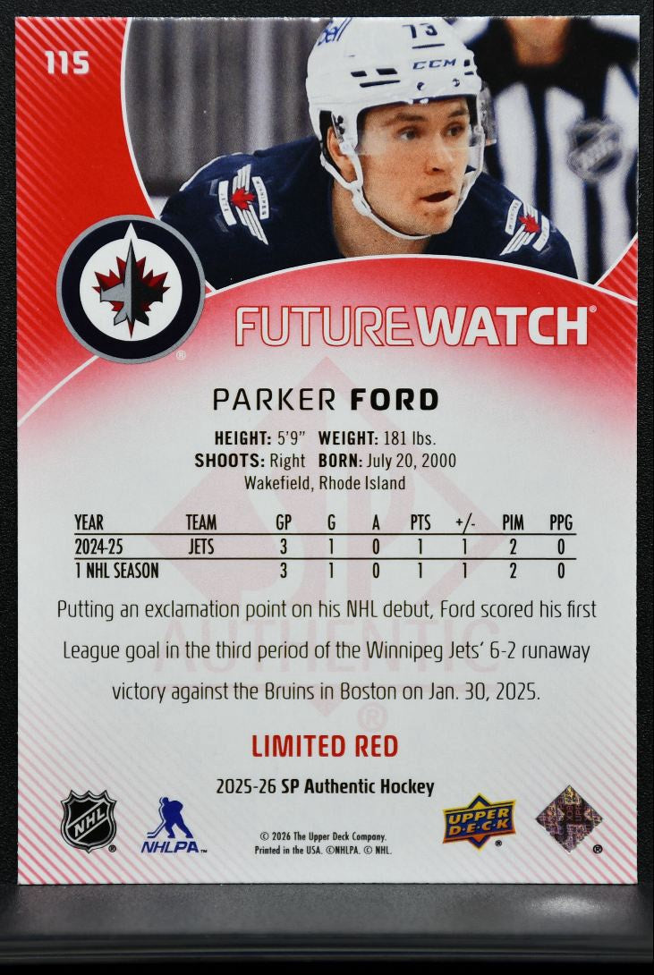 2025-26 SP Authentic Future Watch Limited Red Parker Ford Winnipeg Jets RC 3055