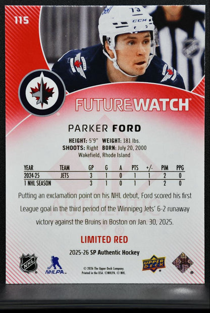 2025-26 SP Authentic Future Watch Limited Red Parker Ford Winnipeg Jets RC 3055