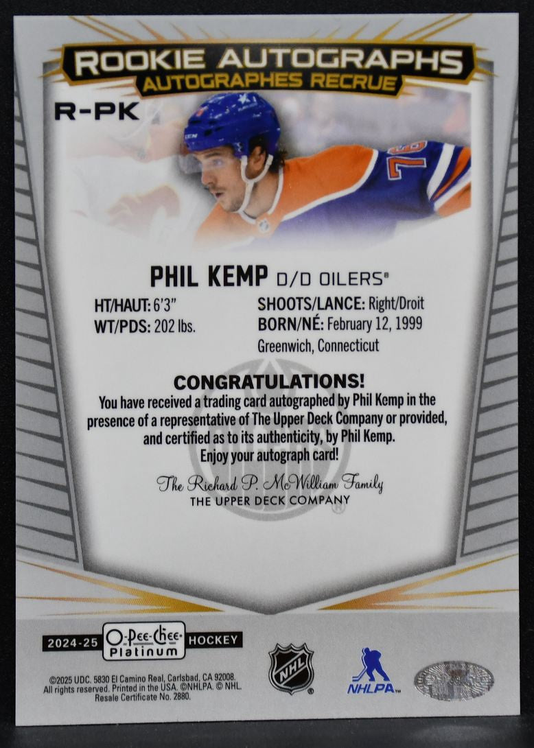 2024-25 O-Pee-Chee Platinum Rookie Auto Phil Kemp R-PK Oilers RC Auto 6801
