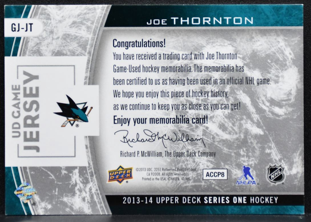 2013-14 Upper Deck Series 1 UD Game Jersey Joe Thornton GJ-JT Sharks Jersey 4576
