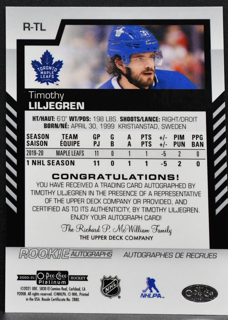 2020-21 O-Pee-Chee Platinum Rookie Timothy Liljegren Maple Leafs RC Auto 7580