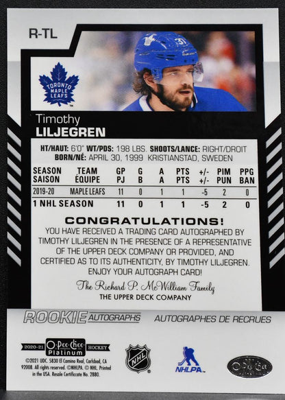 2020-21 O-Pee-Chee Platinum Rookie Timothy Liljegren Maple Leafs RC Auto 7580
