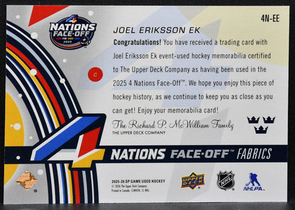 2025-26 SP Game Used 4 Nations Face Off Fabrics Eriksson Ek Sweden Jersey 6811