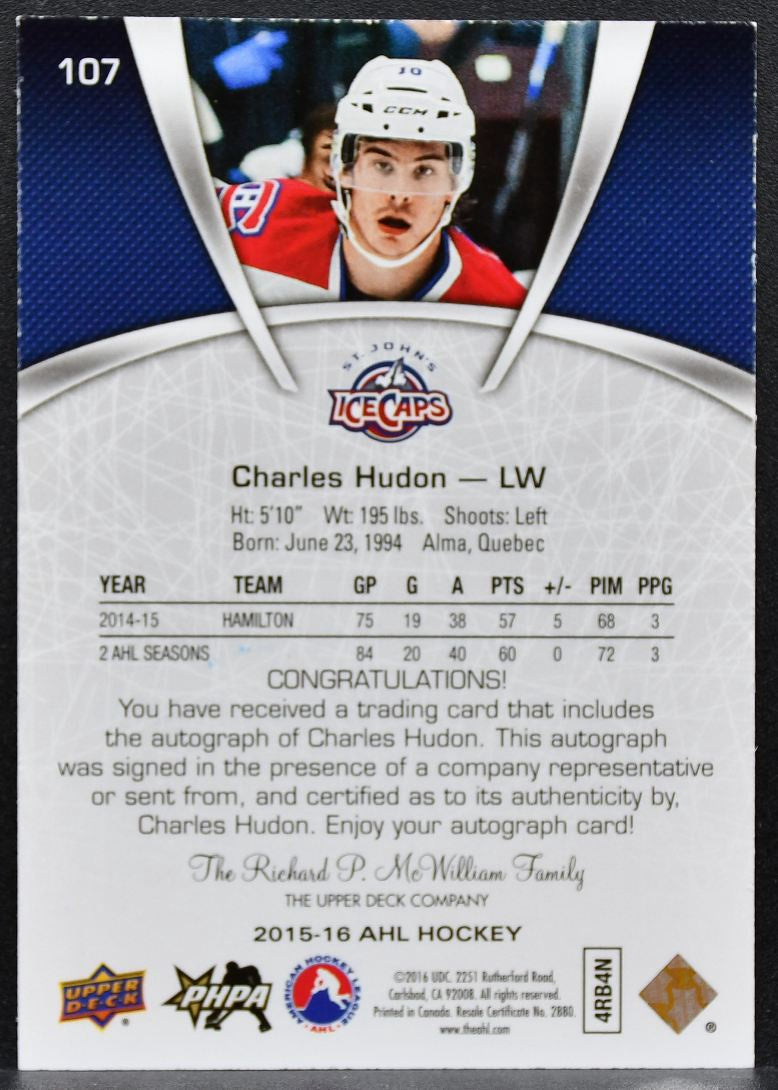 2015-16 Upper Deck AHL Autographs Hudon 107 St. John's IceCaps Auto 1017