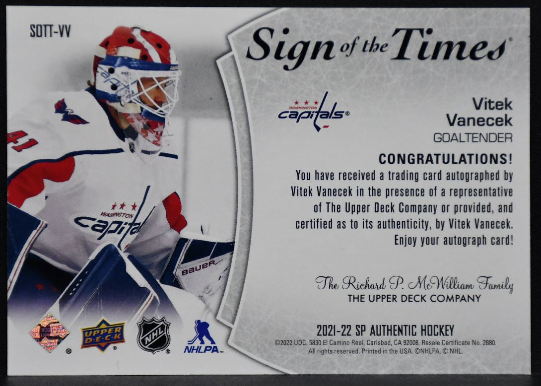 2021-22 SP Authentic Sign of the Times Vitek Vanecek SOTT-VV Capitals Auto