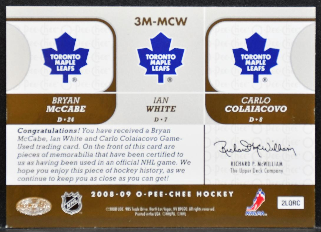 2008-09 O-Pee-Chee Materials Triple McCabe/White/Colaiacovo Jersey 9144
