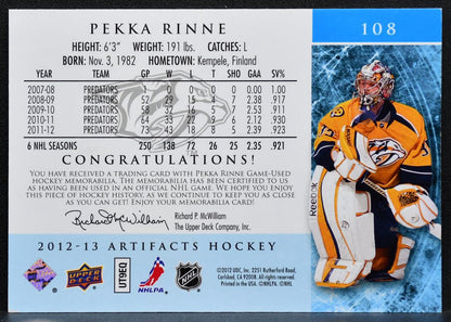 2012-13 Upper Deck Artifacts Jerseys Pekka Rinne Predators 120/125 Jersey 8504