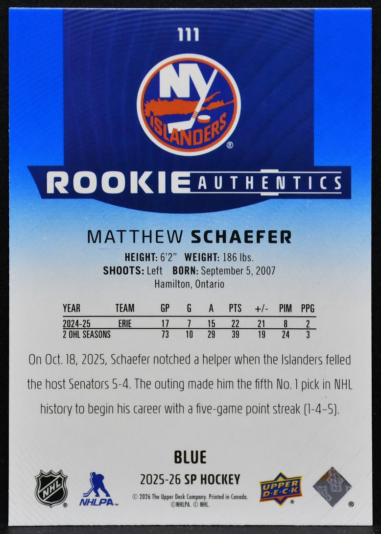 2025-26 SP Rookie Authentics Blue Matthew Schaefer 111 Islanders RC 4876