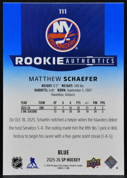 2025-26 SP Rookie Authentics Blue Matthew Schaefer 111 Islanders RC 4876