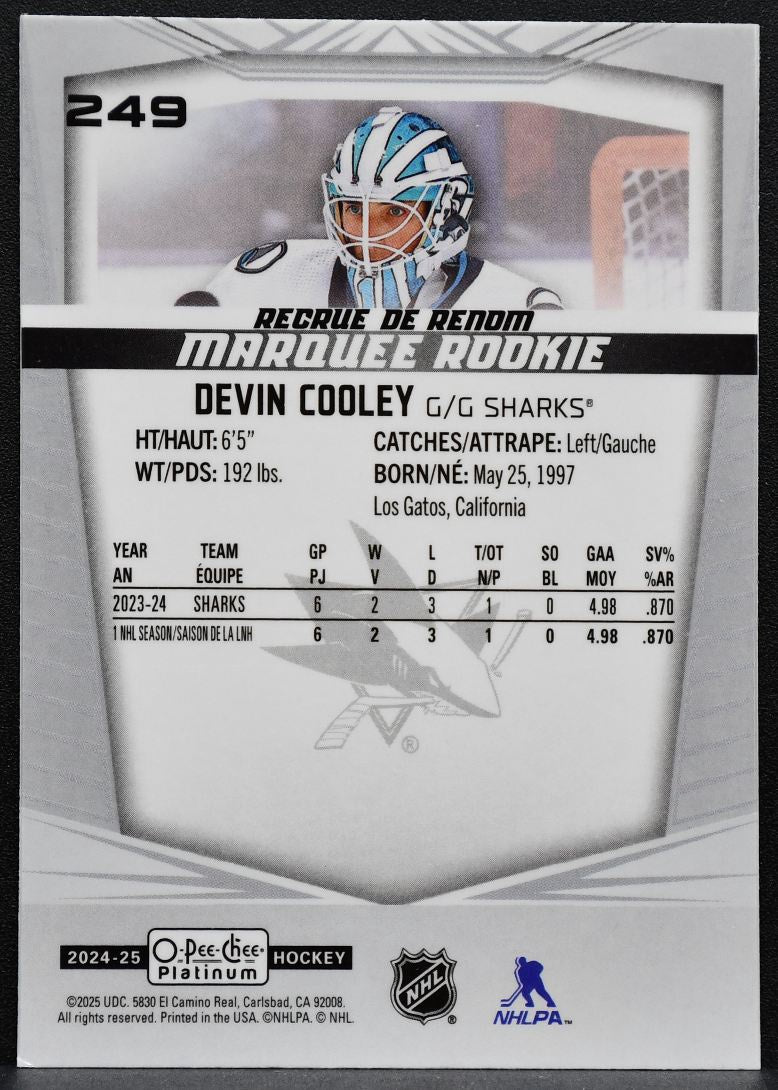 2024-25 O-Pee-Chee Platinum Marquee Rookie Devin Cooley 249 Sharks RC 8853