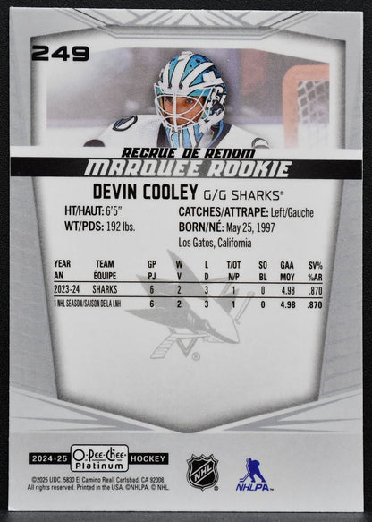 2024-25 O-Pee-Chee Platinum Marquee Rookie Devin Cooley 249 Sharks RC 8853