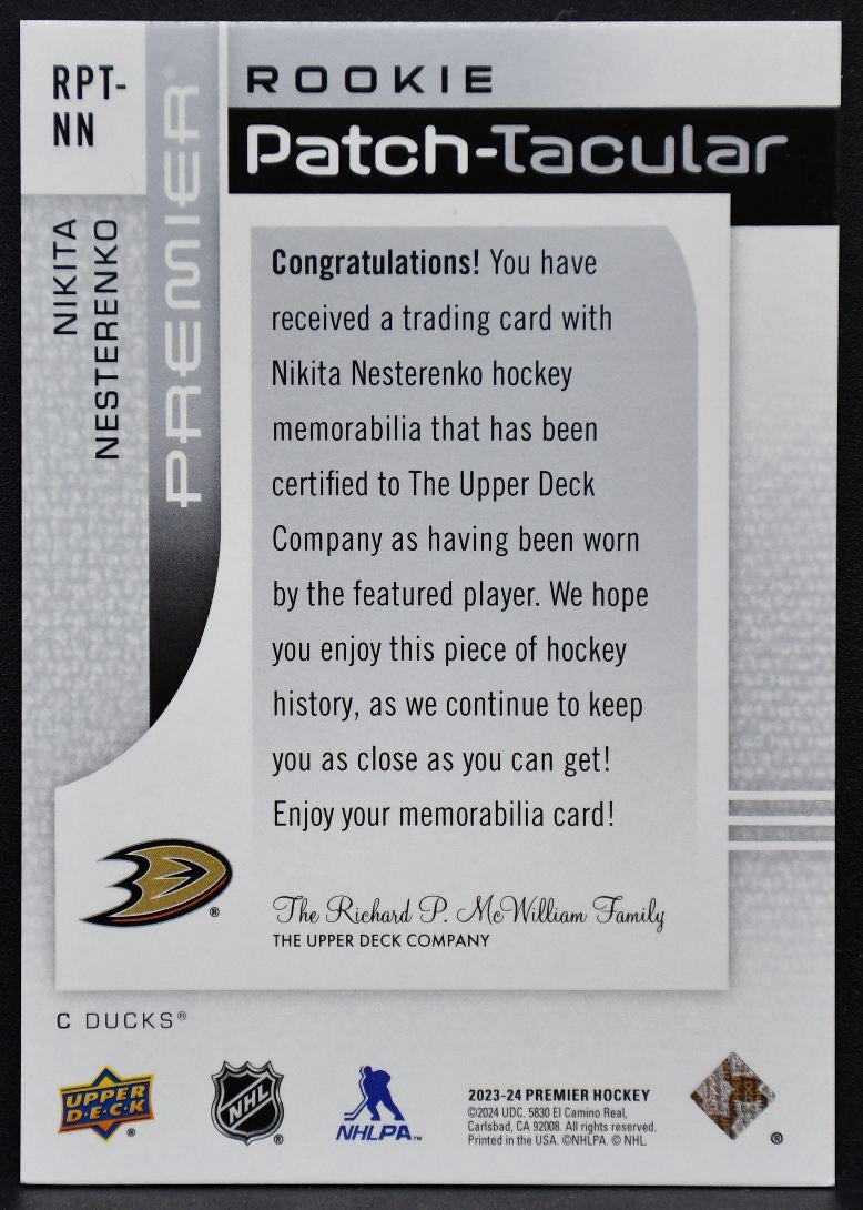 23-24 UD Premier RC Patch-tacular Nikita Nesterenko RPT-NN Anaheim Ducks Patch 2356