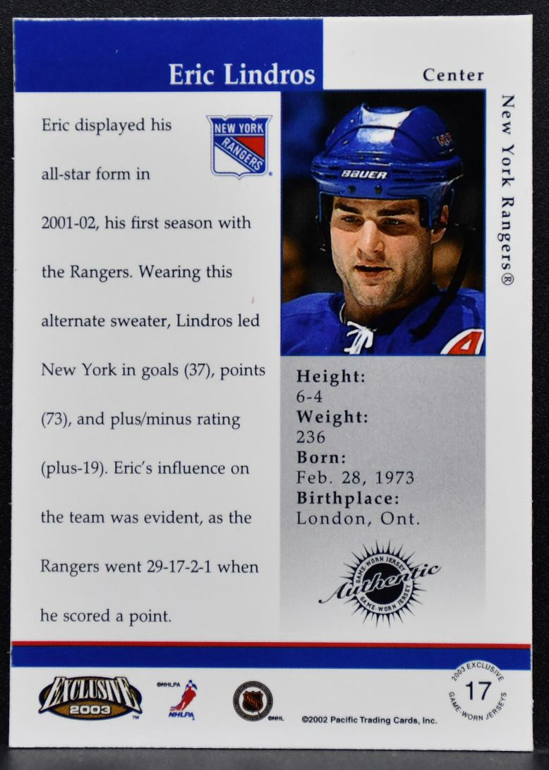 2002-03 Pacific Exclusive Jerseys Eric Lindros 17 New York Rangers Jersey 7539