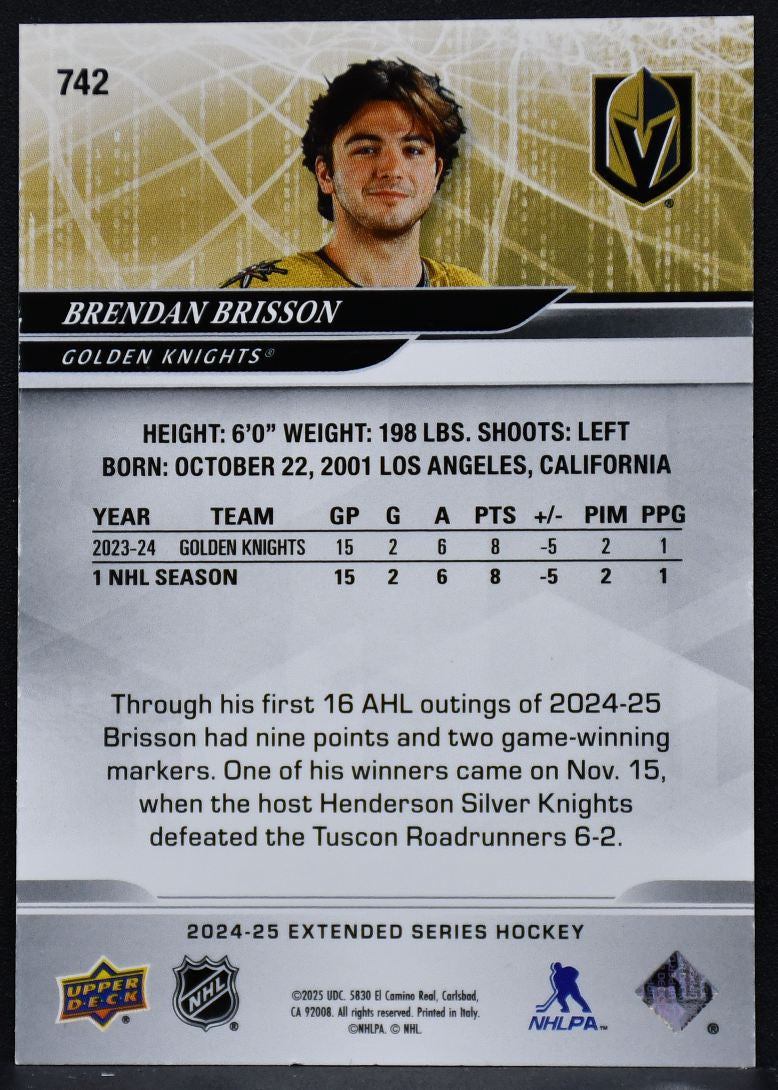 2024-25 UD Extended Series Draft High Gloss Brisson Vegas Golden Knights 10/10 1237
