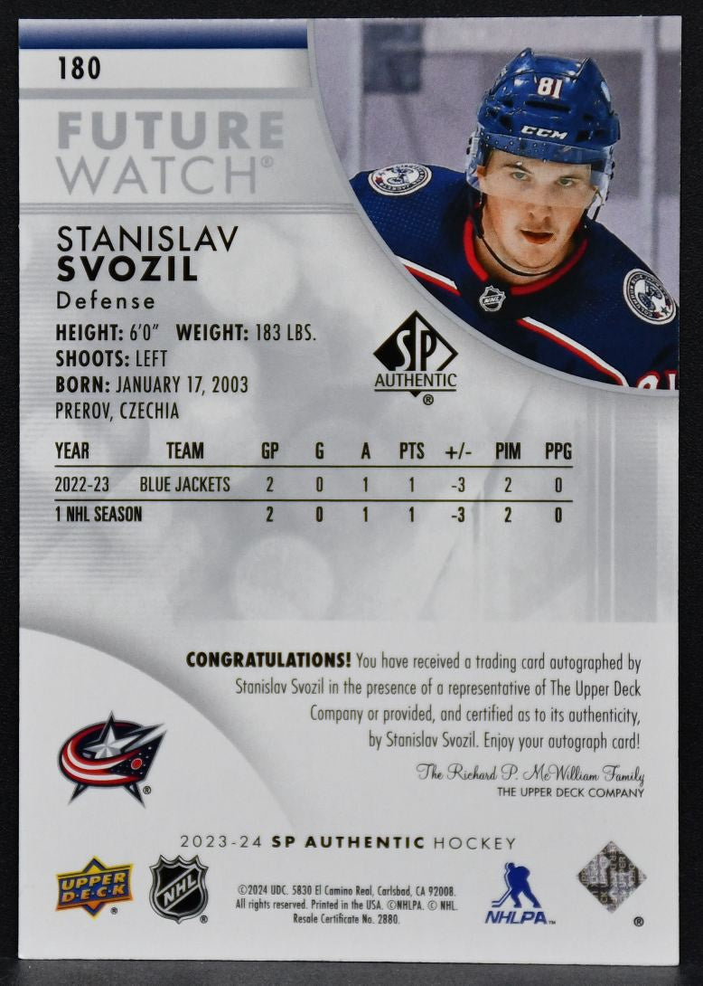 23-24 SP Authentic Future Watch Auto Svozil Columbus Blue Jackets RC Auto /999 4887
