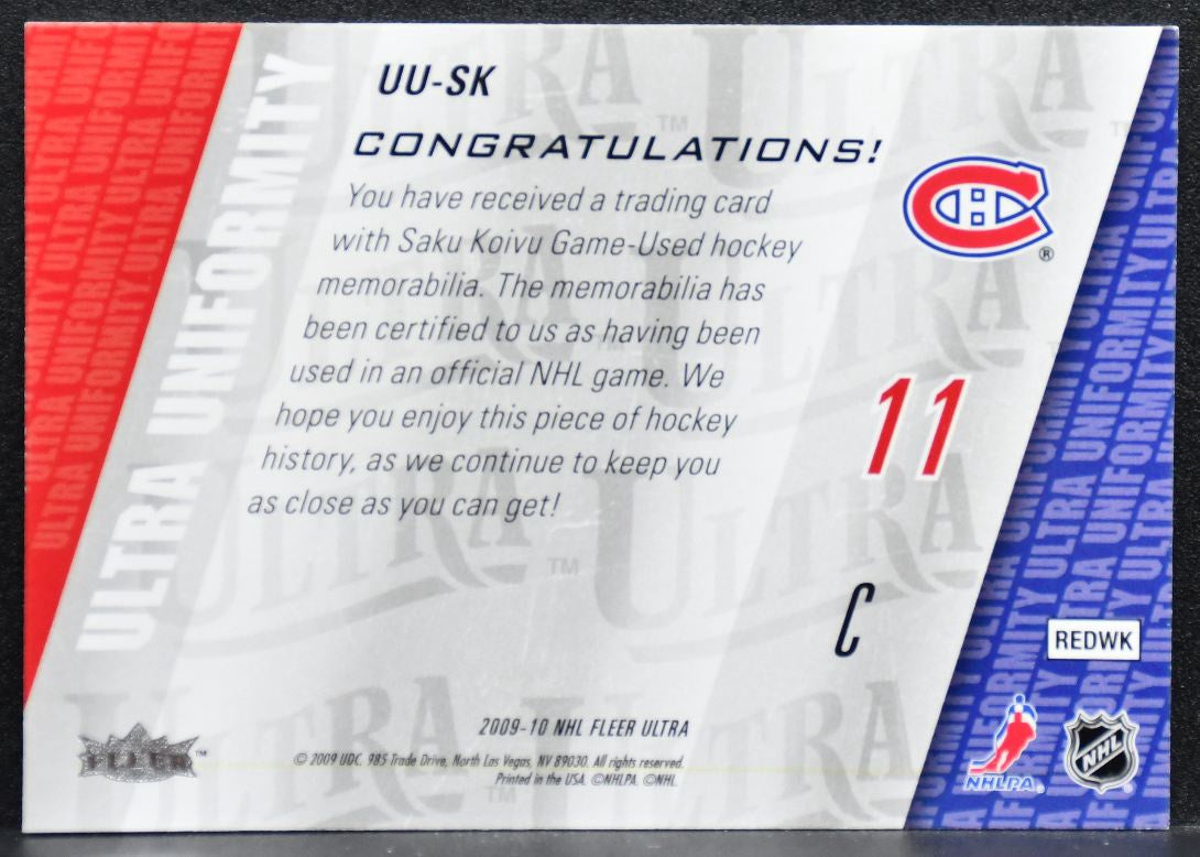 2009-10 Fleer Ultra Uniformity Saku Koivu UU-SK Montreal Canadiens Jersey 8062