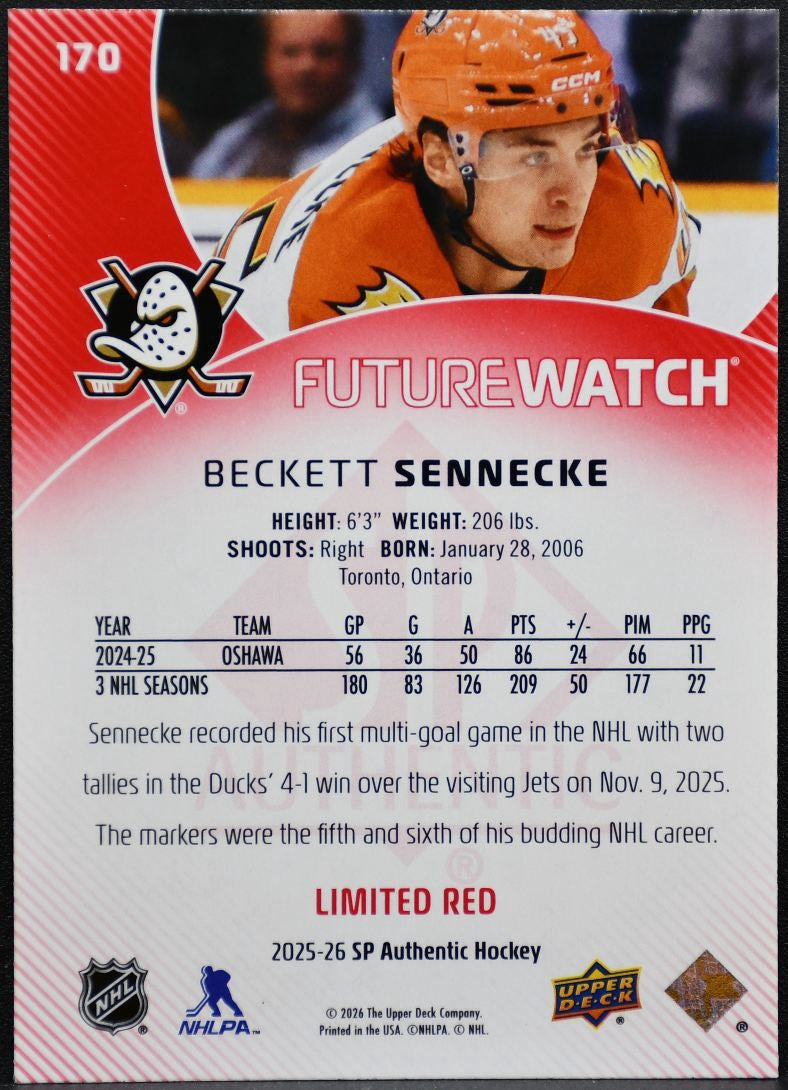 2025-26 SP Authentic Future Watch Limited Red Beckett Sennecke 170 Ducks RC 3467